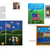 A magazine spread for Stars & Stripes by Schiffer Publishing, Ltd. showcases folk art animal and American flag paintings—dogs and mice under fireworks, a sheep with a flag, and a waterfront scene—with the artist’s photo at top left.