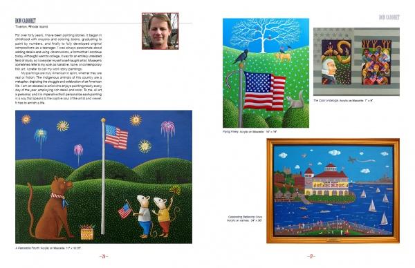 A magazine spread for Stars & Stripes by Schiffer Publishing, Ltd. showcases folk art animal and American flag paintings—dogs and mice under fireworks, a sheep with a flag, and a waterfront scene—with the artist’s photo at top left.