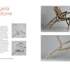 A magazine spread for Schiffer Publishing, Ltd.’s "On the Edge of Your Seat" spotlights designer Michaela Crie Stone with her bio and chair sketches on the left, and two photos of a sculptural wooden chair on the right.