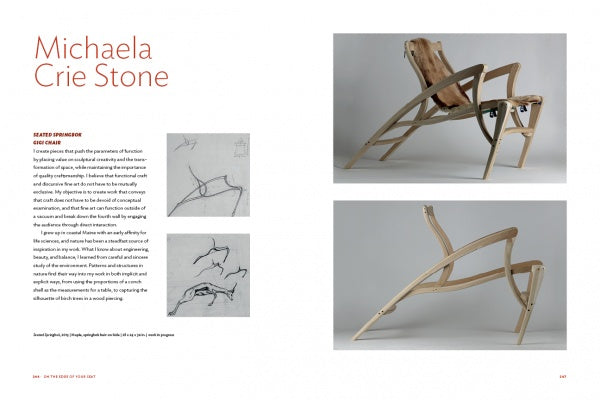 A magazine spread for Schiffer Publishing, Ltd.’s "On the Edge of Your Seat" spotlights designer Michaela Crie Stone with her bio and chair sketches on the left, and two photos of a sculptural wooden chair on the right.