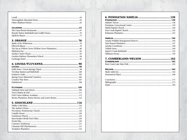 The table of contents in *Haunted Charlottesville and Surrounding Counties* (Schiffer Publishing, Ltd.) lists sites in Louisa, Goochland, Powhatan, Amelia, Cumberland, and Nelson counties. Haunted locations are detailed from pages 64 to 166.
