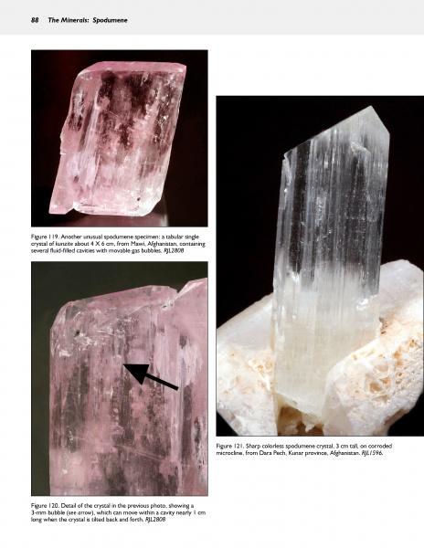 Explore a page from Schiffer Publishing, Ltd.’s "Collector's Guide to the Pyroxene Group," featuring three spodumene crystals: a pink tabular piece, a colorless prismatic specimen on matrix, and a detail with an arrow highlighting classic internal growth.