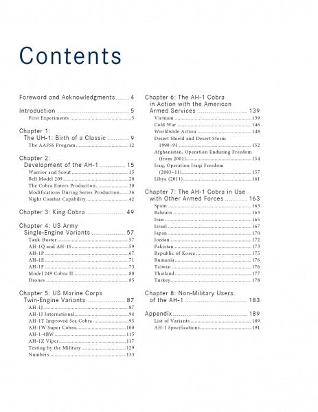 Table of contents for "The Bell AH-1 Cobra" by Schiffer Publishing, Ltd., detailing chapters on production, U.S. military history, and civilian uses. Page numbers are right-aligned for easy reference.