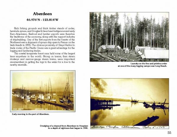 Discover "Greetings from the Washington Coast" by Schiffer Publishing, Ltd., a historical look at Aberdeen, WA featuring vintage photos of timber camps, fishing boats, postcards, and a 1908 channel dredging drawing with text on the town’s history.