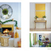 Two pages from "Christmas by Design" by Schiffer Publishing, Ltd. display festive decor: one with a yellow fireplace, round mirror, garland, gold stools; the other highlights green, yellow, and gold accents in stylish rooms.