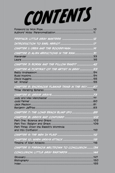 Table of contents for "Little Gray Bastards" by Schiffer Publishing, Ltd., with bold chapters and page numbers on a gray background featuring UFOs, alien abductions, Gray aliens, and key ufology events.