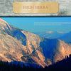 A classic Yosemite scene from "Yosemite National Park: Past and Present" by Schiffer Publishing, Ltd. shows sunlit granite peaks, pine trees, and a wooden High Sierra sign under a blue sky in the rugged High Sierra landscape.