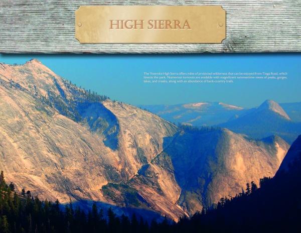 A classic Yosemite scene from "Yosemite National Park: Past and Present" by Schiffer Publishing, Ltd. shows sunlit granite peaks, pine trees, and a wooden High Sierra sign under a blue sky in the rugged High Sierra landscape.