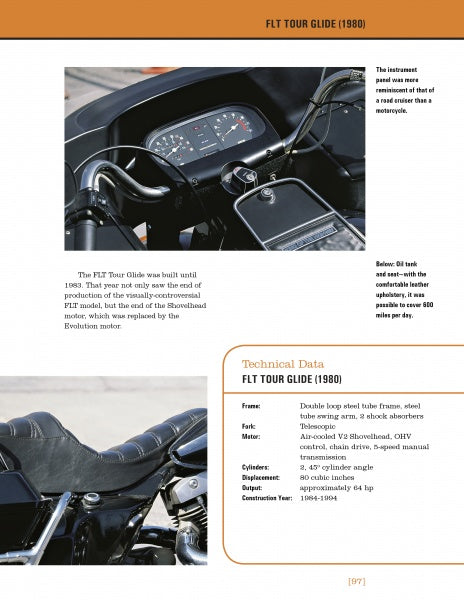 A page from "Harley-Davidson Legends" by Schiffer Publishing, Ltd. features the 1980 FLT Tour Glide with detailed close-ups of its dashboard, fuel tank, and seat, plus technical specs and descriptive insights.