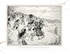 A black-and-white drawing from "Neil David's Hopi World" by Schiffer Publishing, Ltd. shows warriors driving people off a cliff as others escape in fear, set against rocky terrain with distant buildings and birds overhead.