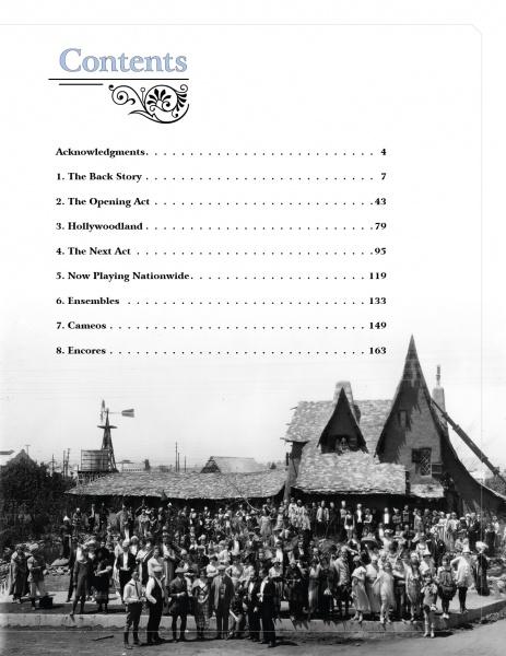 A vintage black-and-white photo shows a crowd by a Hansel and Gretel–style building. Above, the page titled "Contents" lists chapters for the book "Storybook Style" from Schiffer Publishing, Ltd.