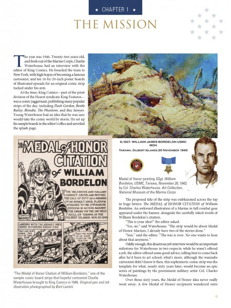 The Valor in Action page by Schiffer Publishing, Ltd. showcases US Marines art, a Medal of Honor painting by Charles Waterhouse, a medal image, and a black-and-white photo of Sgt. William James Bordelon with text about his WWII heroism.