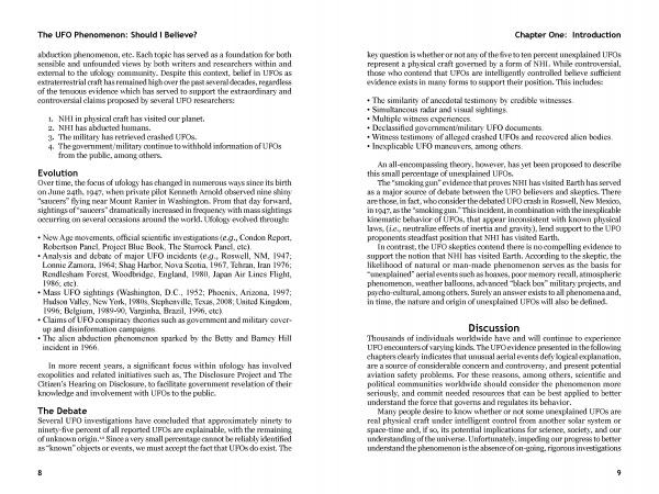 A book page from The UFO Phenomenon: Should I Believe? by Schiffer Publishing, Ltd. features two columns, Chapter One: Introduction, and covers UFO evidence, declassified documents, debates, alien abductions, and a Discussion section.
