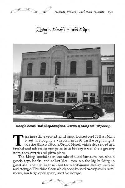 A black-and-white photo shows Elsings Second Hand Shop, a rumored haunted site in Stoughton, as featured in "Ghosts of Madison, Wisconsin" from Schiffer Publishing, Ltd.