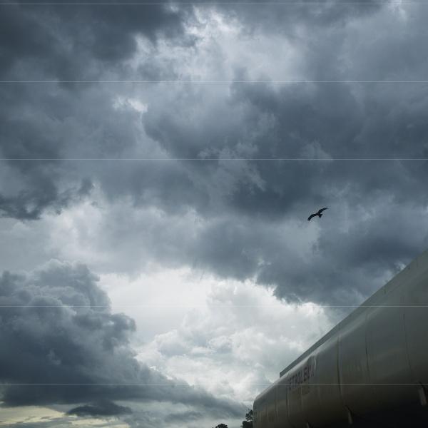 Dark, dramatic clouds fill the sky as a bird soars above a white tanker, capturing the moody, atmospheric style seen in African photography from "True Africa" by Schiffer Publishing, Ltd.