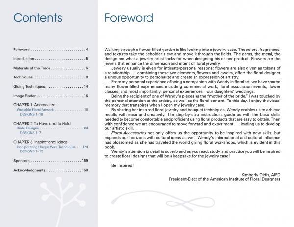 An open book, "Floral Accessories" by Schiffer Publishing, Ltd., shows a contents page with chapters and page numbers on the left, and a foreword on the right by Kimberly Oldis, AIFD, discussing trends in floral design.
