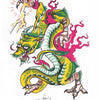 A vivid dragon with green, yellow, and pink scales breathes fire while clutching a lightning bolt amid swirling clouds—a bold tattoo flash design featured in "Life & Death in Tattoo Flash" by Schiffer Publishing, Ltd.