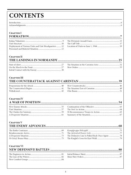 The 17th Waffen-SS Panzergrenadier Division Götz von Berlichingen by Schiffer Publishing, Ltd. features a table of contents covering WWII formations, Normandy landings, Carentan counterattack, war positions, enemy advances, and division actions.