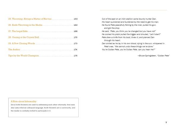 A spread from Schiffer Publishing, Ltd.’s "Knife Throwing Like the Pros": left page shows the table of contents (chapters 25–31) and a note on informality; right page displays a Bruce Springsteen “Outlaw Pete” quote above throwing knife art.