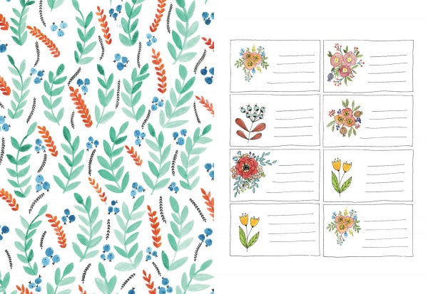The "Floral Doodling Handbook" by Schiffer Publishing, Ltd. features watercolor art of green leaves and orange-blue flowers, plus eight note cards with hand-drawn blooms and ruled lines for journaling or doodling.