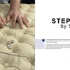 Close-up of hands demonstrating step-by-step Upholstery techniques on beige, tufted leather with buttons, needle, and thread. The right shows “STEP by Step” above small text. Product: Upholstery by Schiffer Publishing, Ltd.