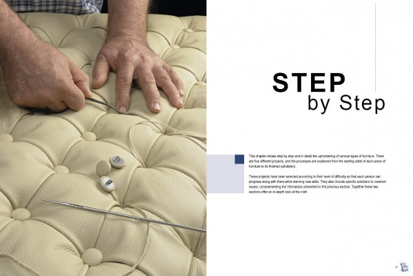 Close-up of hands demonstrating step-by-step Upholstery techniques on beige, tufted leather with buttons, needle, and thread. The right shows “STEP by Step” above small text. Product: Upholstery by Schiffer Publishing, Ltd.