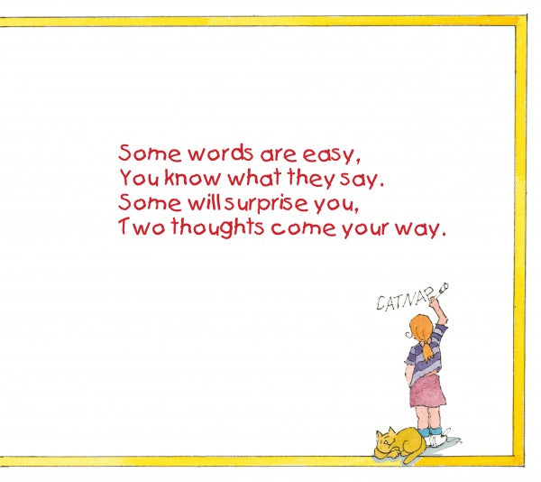 A girl by a yellow cat writes “CATNAP” on a wall. Red text reads: “Some words are easy… Some will surprise you…” Perfect for playful homophone fun in Double-Talk: Word Sense and Nonsense by Schiffer Publishing, Ltd.
