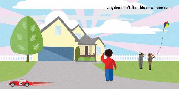 A child stands by a house, puzzled. Two people fly a kite in the yard as a red toy car speeds down the driveway. Text: “Jayden can’t find his new race car”—is this The Lost Race Car from Schiffer Publishing, Ltd.?.