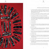 On the left page of "SOG Knives and More from America's War in Southeast Asia" by Schiffer Publishing, Ltd., SOG combat knives are arranged in a circle; the right page offers a numbered list describing these military knives.