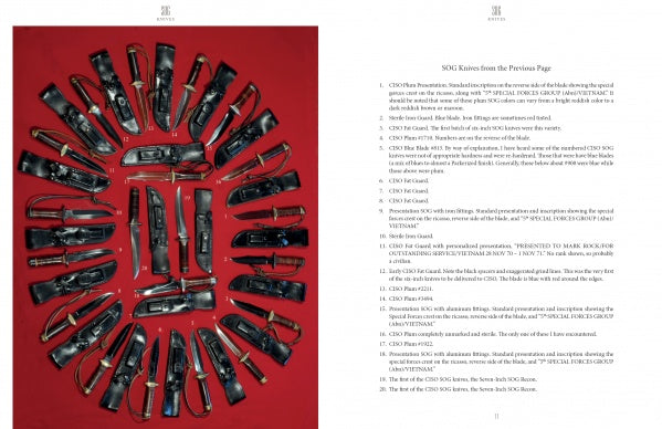 On the left page of "SOG Knives and More from America's War in Southeast Asia" by Schiffer Publishing, Ltd., SOG combat knives are arranged in a circle; the right page offers a numbered list describing these military knives.