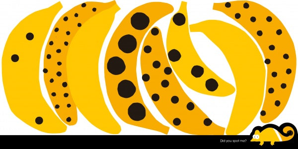 Six illustrated bananas with different black spots are lined up; in the bottom right, a small cartoon animal peeks out, asking, "Did you spot me?"—a playful nod to seek-and-find skills in The Chameleon from Schiffer Publishing, Ltd.