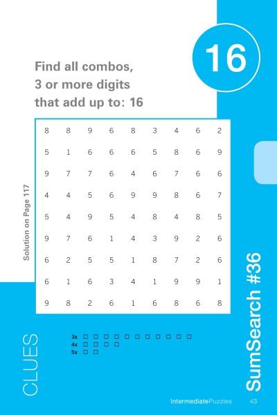 SumSearch by Schiffer Publishing, Ltd. offers a 9x9 numeric puzzle grid. Find all groups of 3+ digits that total 16 and mark them with checkboxes in this fun brain game challenge.