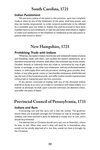 Page 50 of "Colonial Law in America" by Schiffer Publishing, Ltd. features historical excerpts from 18th-century South Carolina, New Hampshire, and Pennsylvania laws on Native Americans, colonial punishments, trade, and rum.
