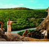 KOA and the Art of Kamping" by Schiffer Publishing, Ltd. features a painting of Native Americans on a cliff above a valley, river, and forest; one points toward trees as others watch, with a KOA campsite faintly visible below.
