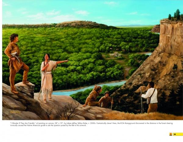 KOA and the Art of Kamping" by Schiffer Publishing, Ltd. features a painting of Native Americans on a cliff above a valley, river, and forest; one points toward trees as others watch, with a KOA campsite faintly visible below.