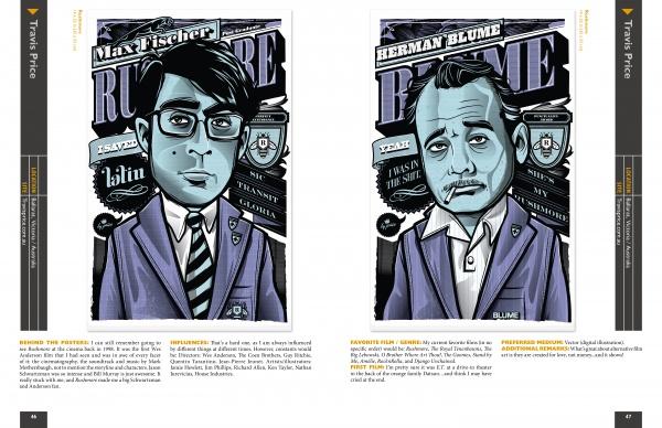 Two blue-toned illustrated portraits of men in suits, labeled Max Fischer and Herman Blume, feature graphic elements inspired by the cult film Rushmore. From "Alternative Movie Posters" by Schiffer Publishing, Ltd.