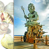The "Greetings from Virginia Beach" by Schiffer Publishing, Ltd. features a large Neptune statue with a trident and sea creatures on the Virginia Beach boardwalk, plus seashell illustrations reminiscent of classic local postcards.