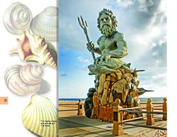 The "Greetings from Virginia Beach" by Schiffer Publishing, Ltd. features a large Neptune statue with a trident and sea creatures on the Virginia Beach boardwalk, plus seashell illustrations reminiscent of classic local postcards.