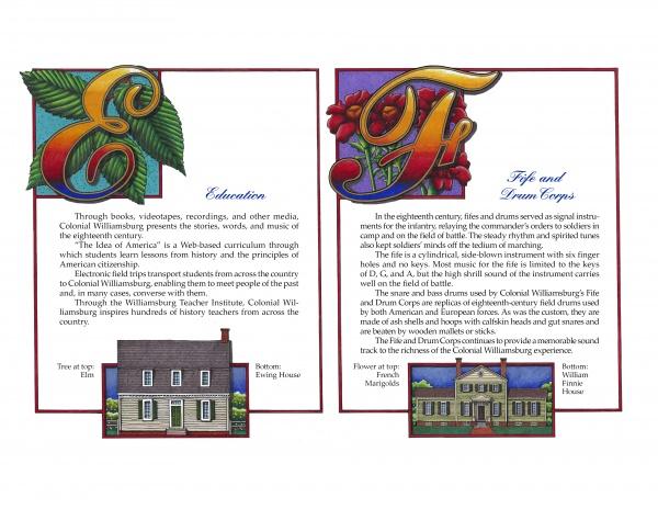 Discover Williamsburg A-Z by Schiffer Publishing, Ltd.—a vibrant brochure page with illustrated letters “E” and “F,” floral accents, and colonial houses, highlighting Colonial Williamsburg’s education and Fife and Drum Corps.