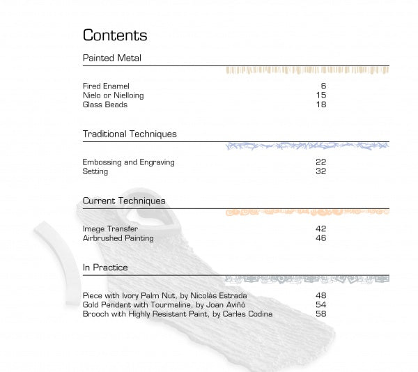 The contents page of Metal Jewelry Techniques by Schiffer Publishing, Ltd. lists sections and page numbers on painted metal, stone setting, classic and modern methods, practical examples—featuring decorative lines and a textured gray object at the lower left.