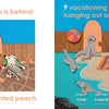 Split image: Left shows a child peeking under a peach-painted door with the text, "Guess Who Is behind the Door" by Schiffer Publishing, Ltd. Right displays nine cartoon seals on a multilingual beach—great for children’s language learning.