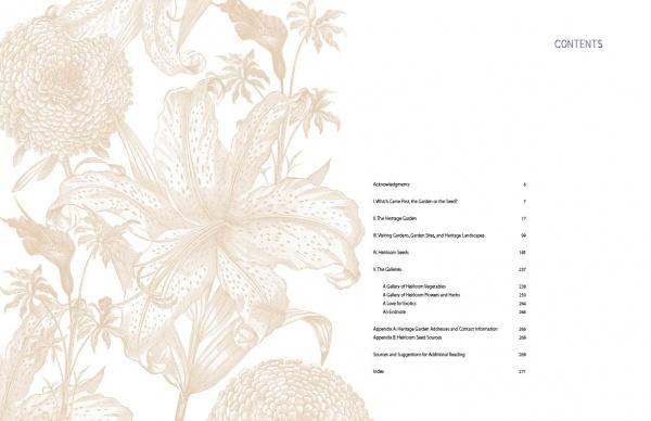 On the right, a table of contents for "Heritage Gardens, Heirloom Seeds" by Schiffer Publishing, Ltd. lists section titles and pages, beginning with Acknowledgements and ending with Index. Left side shows a floral beige illustration inspired by heritage gardens.