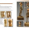 A book spread from "Thinking Inside the Roughout" by Schiffer Publishing, Ltd. features artist Phil Bishop’s photo and bio on the left, and multiple views of his woodcarving caricature Harry Handler with name base on the right.