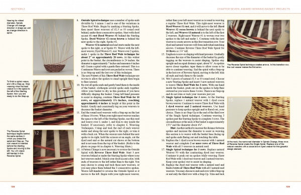 A spread from Schiffer Publishing, Ltd.’s "Award-Winning Basket Designs" showcases text instructions and large close-up photos that detail basket weaving steps, highlight patterns, shapes, and techniques using natural and dyed fibers.