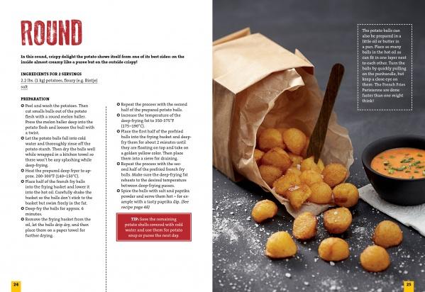 Crisp French Fries spill from an open brown paper bag onto a black surface with a fork and dipping sauce, featured with a Schiffer Publishing, Ltd. potato cookbook recipe and preparation instructions.