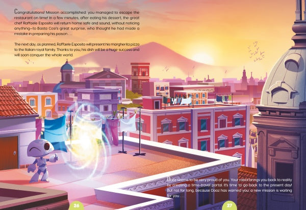 A small robot stands on a rooftop near a glowing portal, overlooking a colorful city at sunset. Birds fly above as “Escape Game Adventure: Operation Pizza” by Schiffer Publishing, Ltd. appears at the top and bottom of the image.