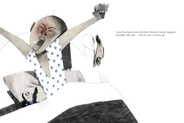In The Two Fridas by Schiffer Publishing, Ltd., a child in a blue polka-dot nightgown yawns and stretches in bed, while another child sits nearby and a doll lies under the covers in this beautifully illustrated picture book.