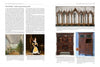 A two-page spread from Schiffer Publishing's "Magnificent 19th Century Furniture": the left page shows text with a garden room painting and a woman's portrait; the right page highlights European antique furniture and historic architectural models.