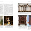 A two-page spread from Schiffer Publishing's "Magnificent 19th Century Furniture": the left page shows text with a garden room painting and a woman's portrait; the right page highlights European antique furniture and historic architectural models.