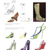 The book "Designing Fashion Accessories" by Schiffer Publishing, Ltd. features a collage of shoe sketches and colored illustrations—high heels, sandals, boots, and heeled shoes—with notes that highlight creative footwear design.